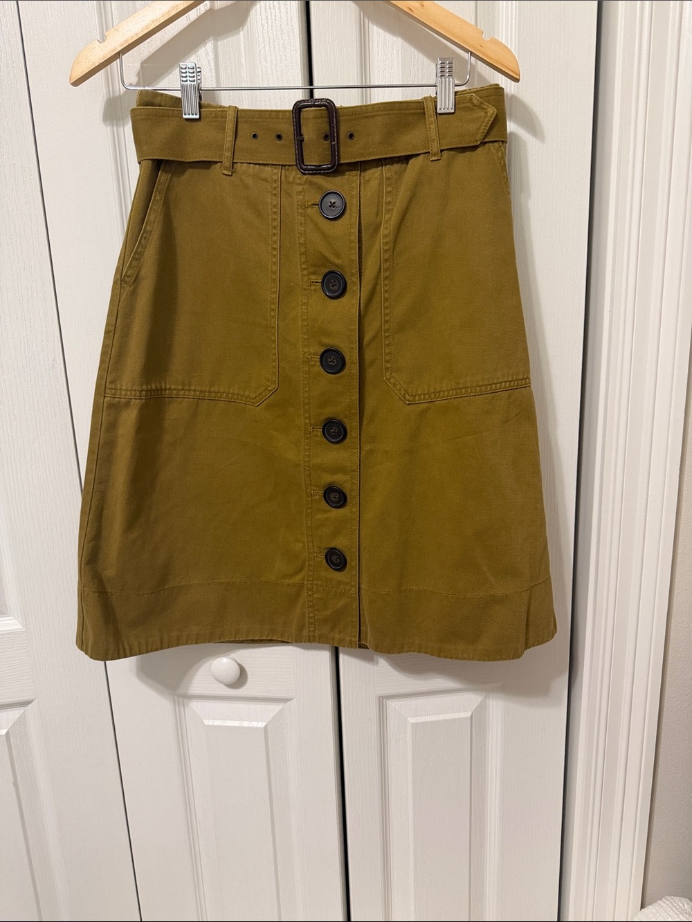 J. Crew Dark Khaki Button-Front A-Line Skirt with Belt